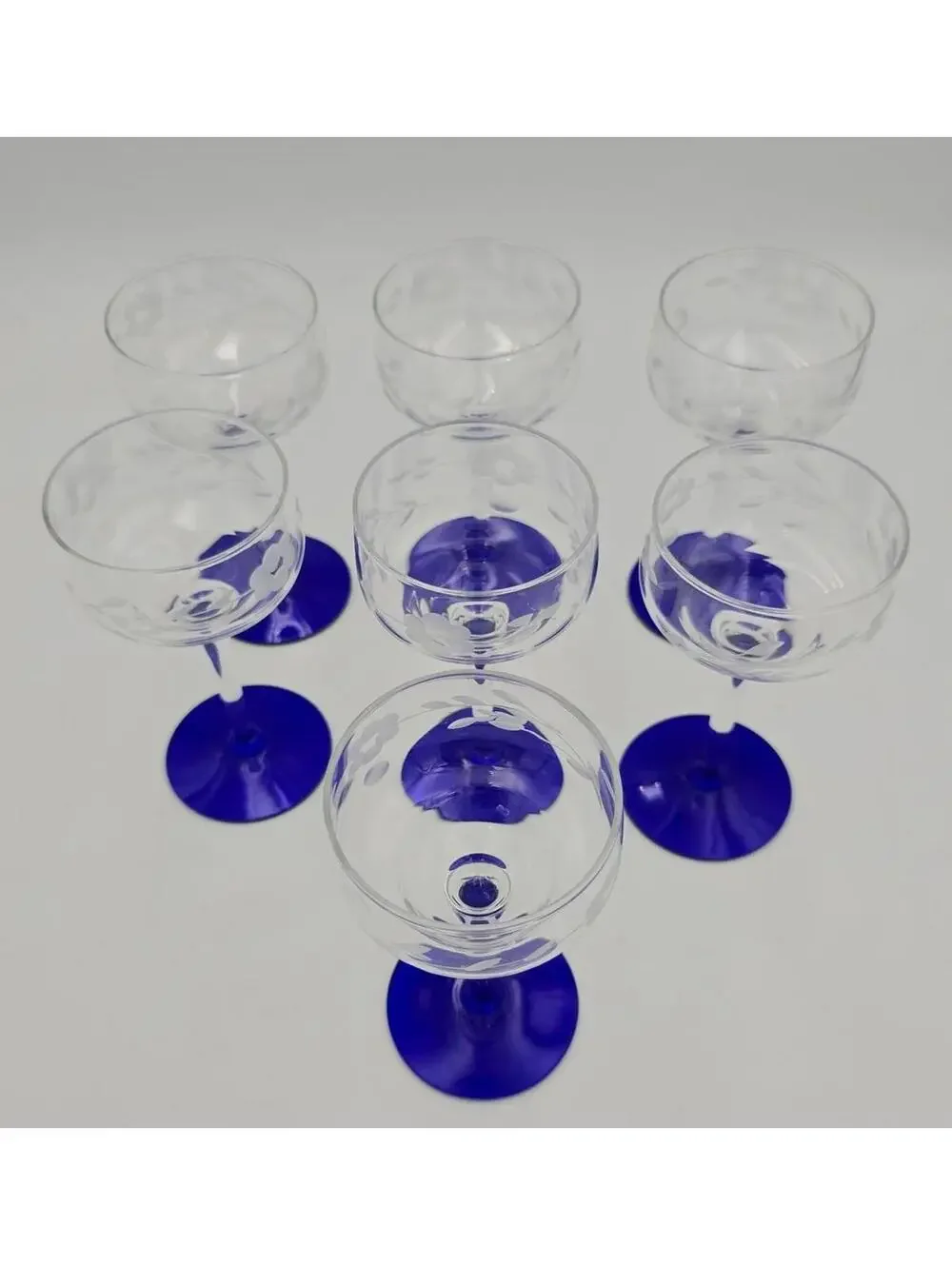 Vintage MCM Set 7 Etched Coupe Glasses Cobalt Blue Stem Floral Barware